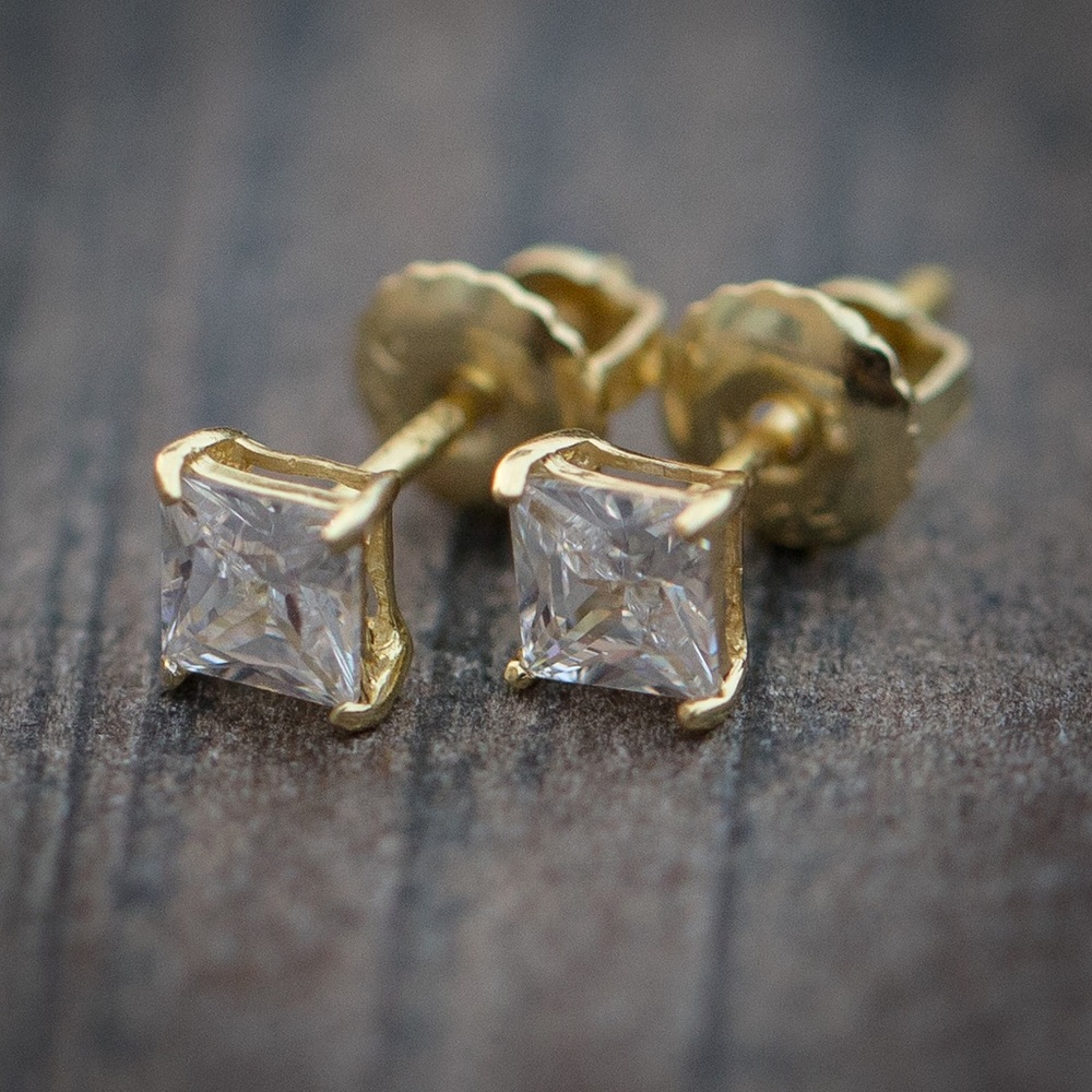 Princess Cut Gold Lab Diamond 4mm Stud Earrings